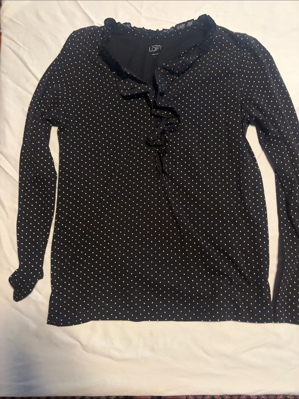 LOFT Black Polka Dot Ruffle-Trim Long Sleeve Top